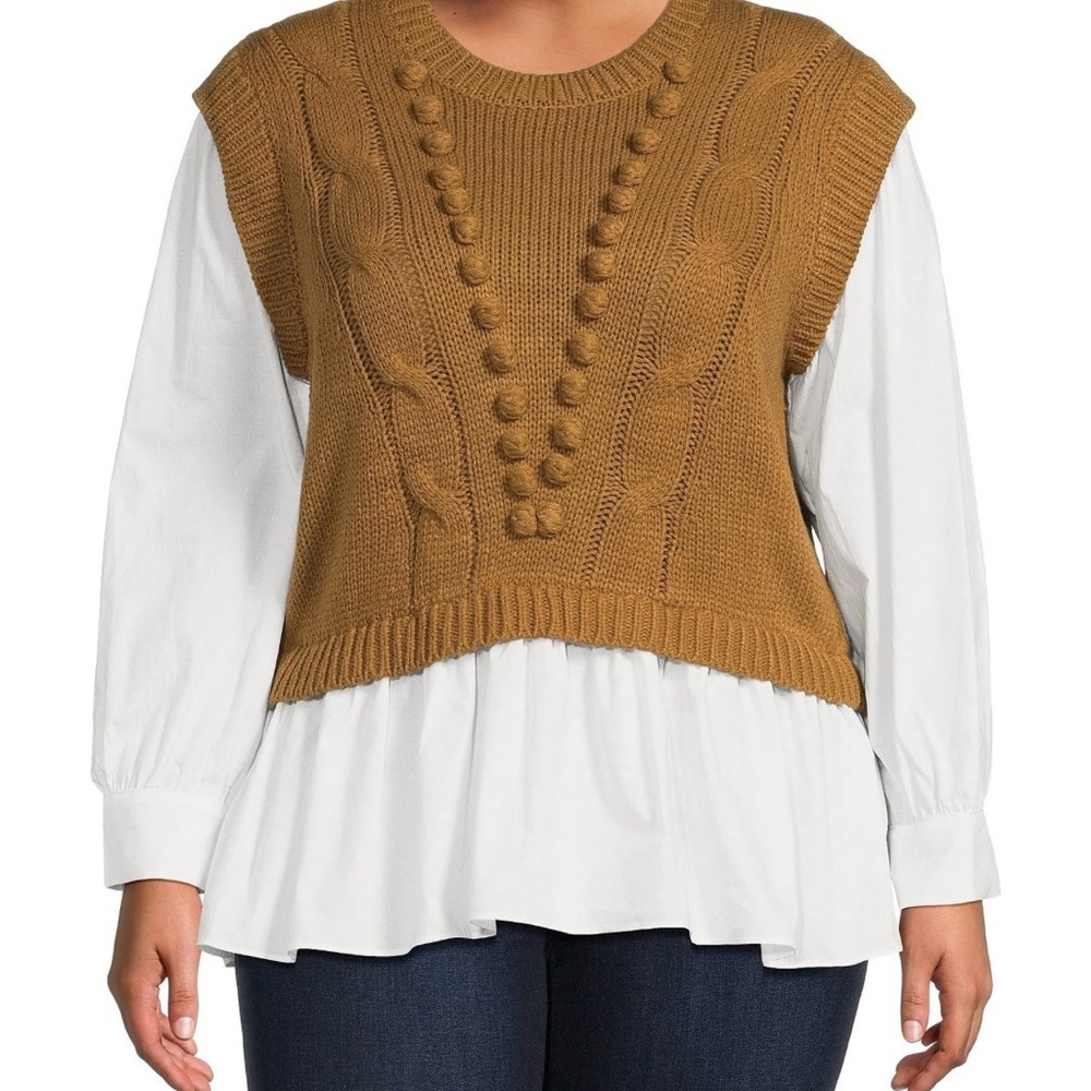 Skies are Blue Juniors Plus Mixed Media Woven Blouse Cable Knit Crew Neck Top